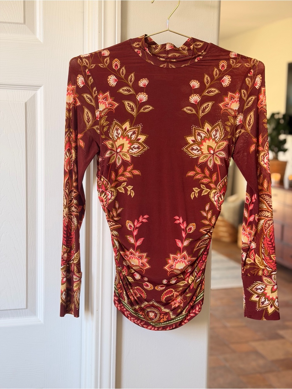 FARM Rio Burgundy Floral Mock Neck Long Sleeve Top